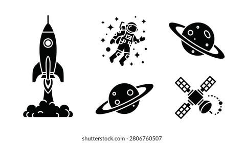Black icons of rocket and planets