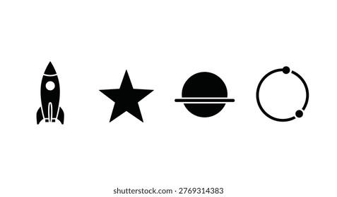Black icons of rocket ship star planet and orbit