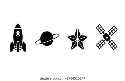 Black icons of rocket star planet