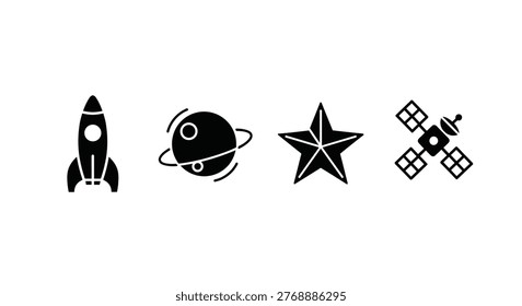 Black icons of rocket star planet satellite