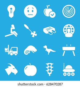 Black icons set. set of 16 black filled icons such as apple, goat, chameleon, sad emot, gardening tool, forklift, traffic light, meat, gymnastic apparatus, user globe, target