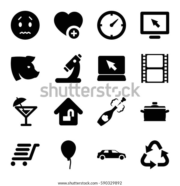 black icons\
set. Set of 16 black filled icons such as pig, baloon, recycle, sad\
emot, microscope, luggage cart, add favorite, movie tape,\
champagne, car, home lock, pan,\
clock