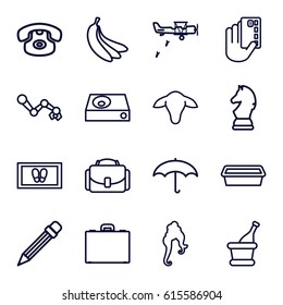 Black icons set. set of 16 black outline icons such as goat, woman hairstyle, foot carpet, pot for plants, dvd player, case, pencil, champagne, camera case, umbrella, banana