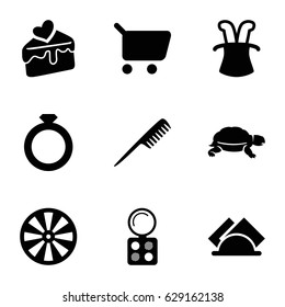 Black icons set. set of 9 black filled icons such as turtle, comb, eyeshadow palette, cake slice, napkin, magic hat, dart, shopping cart