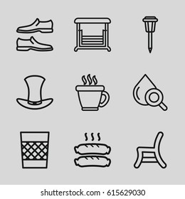 Black icons set. set of 9 black outline icons such as coffee, man shoe, street lamp, swing, outdoor chair, drop under magnifier, trash bin, sausage