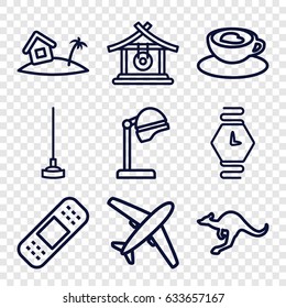 Black icons set. set of 9 black outline icons such as cangaroo, gong, salon hair dryer, hoe, bandage, cup with heart, home on island, wrist watch