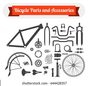 Black icons set of bicycle parts and accessories on white background. Vector isolated illustration