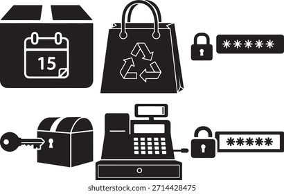 Conjunto de iconos negros con fecha de entrega en el calendario, bolso de compras reciclado, cerradura protegida de Contraseña, cofre del tesoro con llave, caja registradora y campo de Inicio de sesión seguro.