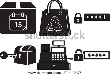 Black icons set featuring delivery date on calendar, recycled shopping bag, password protected lock, treasure chest with key, cash register, and secure login field.
