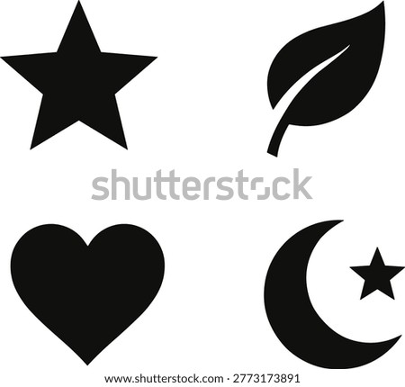Black icons set featuring star, leaf, heart, and crescent moon with star for nature, love, and aspiration design

