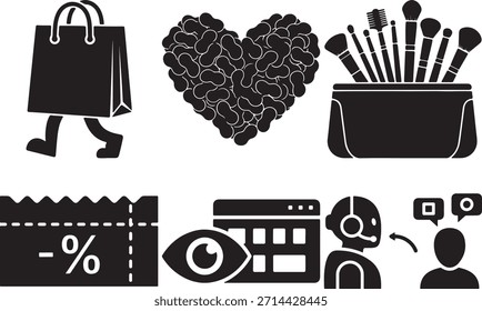 Conjunto de iconos negros con bolso de compras para caminar, corazón de lealtad Cliente, juego de pinceles de maquillaje, Cupón de descuento, ojo de análisis de Web y agente de Asistencia al cliente.