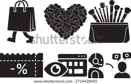 Black icons set featuring walking shopping bag, customer loyalty heart, makeup brush set, discount coupon, web analytics eye, and customer support agent.