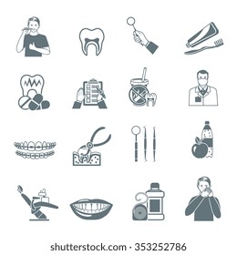 Black icons set of instruments for dental treatment and teeth care products flat isolated vector illustration