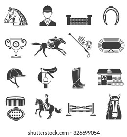 Iconos negros sobre fondo blanco con accesorios para montar a caballo y deporte ecuestre ilustraciones vectoriales aisladas.