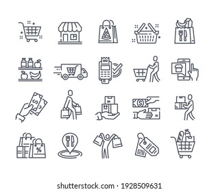 Black icons set for retail, grocery, restaurant food delivery concept. Flat outline cartoon vector illustration template design concepts isolated on white background for website, landing page web page - Shutterstock ID 1928509631