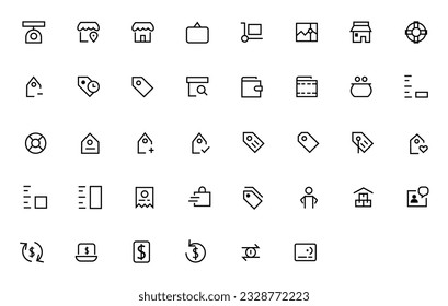 Black icons set for retail, shopping, grocery, e-commerce, restaurant food delivery concept. Flat outline vector illustration isolated on white background for website