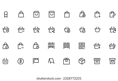 Black icons set for retail, shopping, grocery, e-commerce, restaurant food delivery concept. Flat outline vector illustration isolated on white background for website