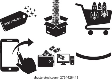 Conjunto de iconos negros que muestran la nueva etiqueta de llegada con estrellas, datos binarios que fluyen en una caja de envío, Carrito de compras con cohetes, pago móvil, billetera y compras en línea.
