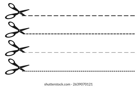 Black icons or silhouettes of scissors with different cut lines. Cutout guide. Dash dotted separation. Ticket separation. Bulletin ticket cutline. Snip place sign. Vector