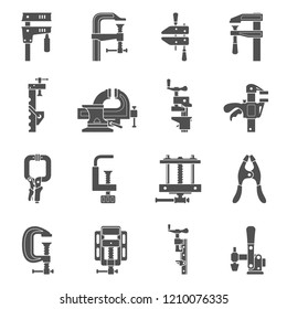 Black icons - Sixteen different types of clamps and vises
