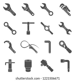 Black Icons - Sixteen different types of wrenches