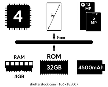 Black icons of smartphone parameters on white background. Information about your phone. Vector illustration.
