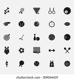 black icons sports equipment on white background flat style