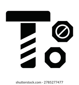 Black icons of T bolt screw nut and washer on white background