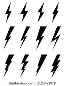 Black icons of thunder lighting on a white background