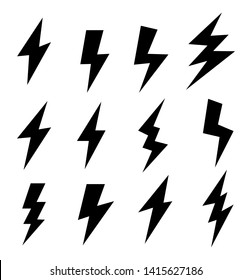 Black icons of thunder or lightning vector signs. Thunder strike logo on a white background
