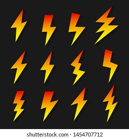 Black icons of thunder or lightning vector signs. Thunder strike logo on background