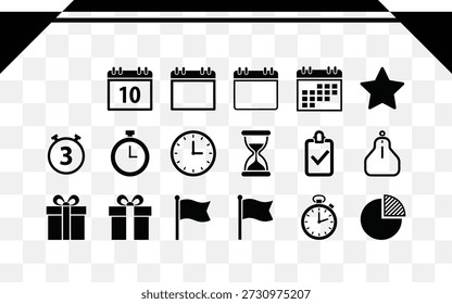 Black icons of time and date isolated on transparent background