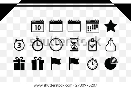 Black icons of time and date isolated on transparent background