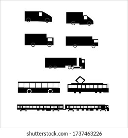 Black icons of trucks, transport vehicles, Train, tram, bus.Isolated on white.Vector illustration.
