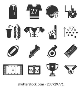 Black icons vector collection for American football. Set of black silhouette vector icons for equipment and some elements of American football on white background.
