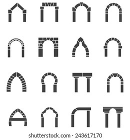 Black icons vector collection of arches. Set of black silhouette vector icons for different types of arch on white background.