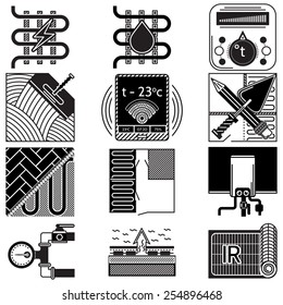 Black icons vector collection for underfloor heating. Set of black silhouette vector icons for heated floor on white background.