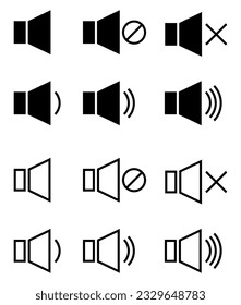 Black icons of volume. Outlines of volume control buttons. Audio, video, sound speaker. Vector icons set	