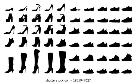 Black icons of women's shoes. Set of footwear from heels and sneakers to platform boots and summer sandals. Vector flat illustration isolated on white background.