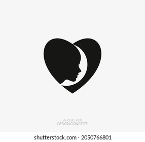 Black idea silhouette of a woman head with love for logo and symbol isolated on white background. Vector