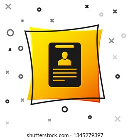 Black Identification badge icon isolated on white background. It can be used for presentation, identity of the company, advertising. Yellow square button. Vector Illustration