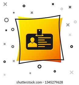 Black Identification badge icon isolated on white background. It can be used for presentation, identity of the company, advertising. Yellow square button. Vector Illustration