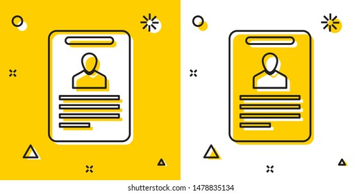 Black Identification badge icon isolated on yellow and white background. It can be used for presentation, identity of the company, advertising. Random dynamic shapes. Vector Illustration
