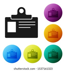 Black Identification badge icon isolated on white background. It can be used for presentation, identity of the company, advertising. Set icons colorful circle buttons. Vector Illustration