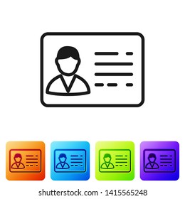 Black Identification badge line icon isolated on white background. It can be used for presentation, identity of the company, advertising. Set icon in color square buttons. Vector Illustration