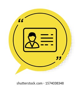 Black Identification badge line icon isolated on white background. It can be used for presentation, identity of the company, advertising. Yellow speech bubble symbol. Vector Illustration