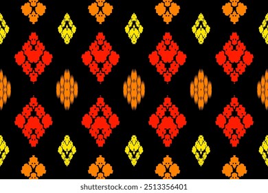 Patrón negro de Ikat con acentos naranjas y amarillos: diseño geométrico audaz para textiles y decoración de moda