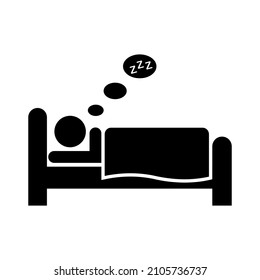 Black illustration of bed icon. Hotel, hostel room. Person sleeping in bed.