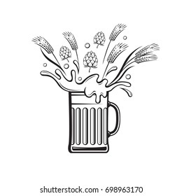black illustration of beer glass with hops and barley ear