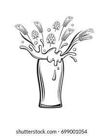 black illustration of beer glass with hops and barley ears